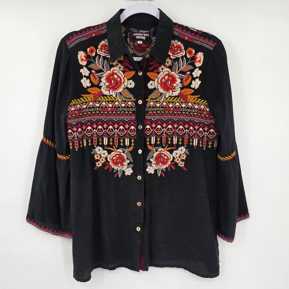 Johnny Was Workshop Silk Embroidered Floral Flare Sleeve Blouse Black W19818-O S